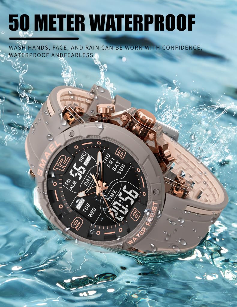 Gosasa Montre de sport analogique et numérique pour homme avec rétroéclairage LED, chronomètre, alarme, calendrier, heure 12/24 h, étanche jusqu'à 50 m, bracelet en silicone