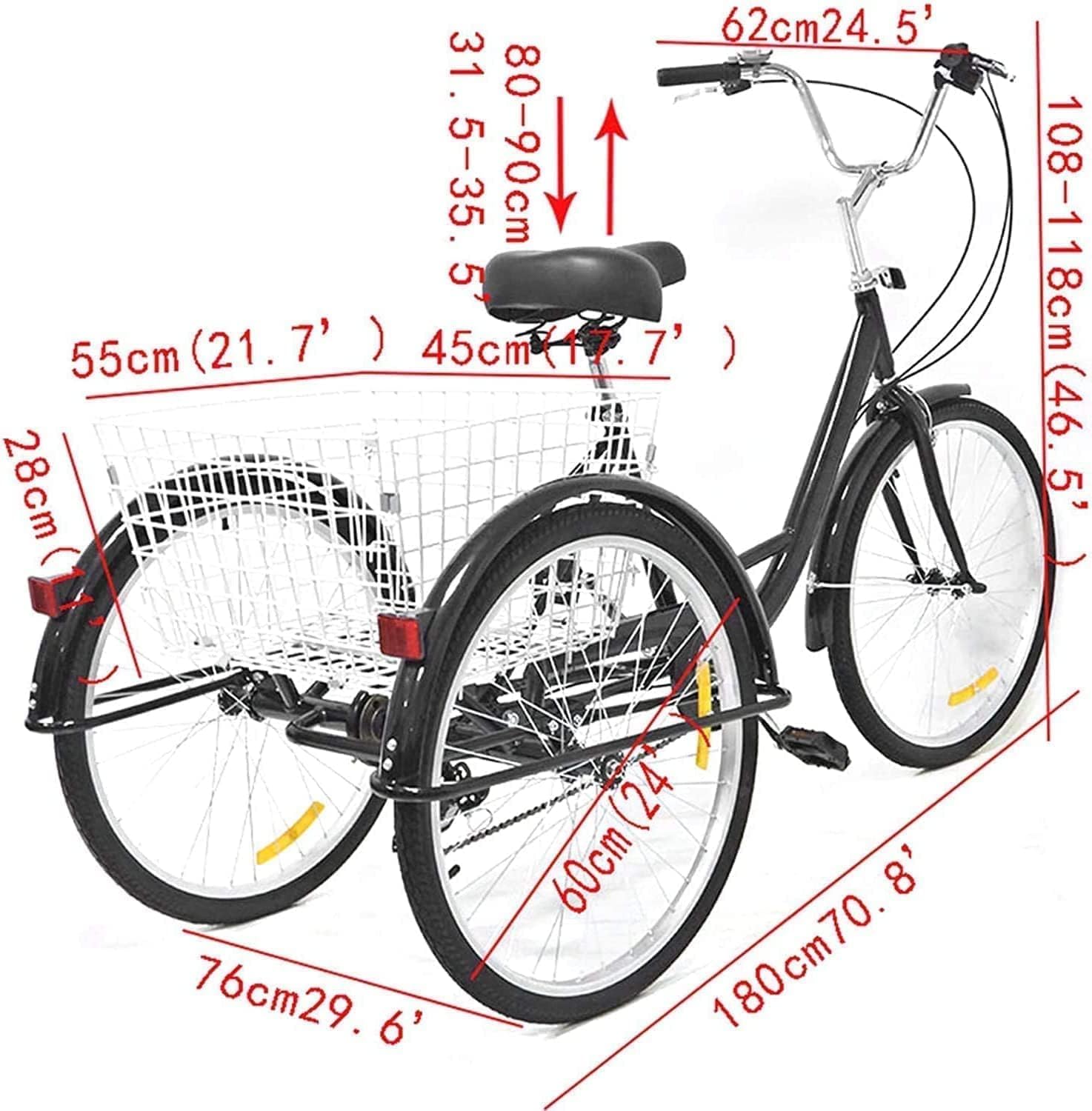 24" Dreiräder Erwachsene mit Korb - 8 Gang Dreirad für Erwachsene 110KG Last Höhenverstellbar 3 Räder Fahrrad Cityräder Cruise Einkaufsrad für 155-185cm Senioren Frauen Ältere(Schwarz)