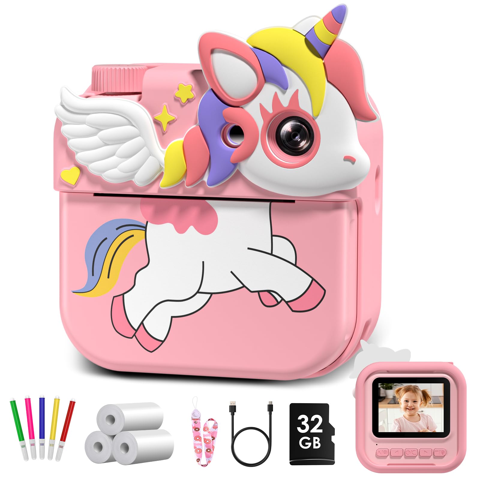 Macchina Fotografica Bambini Istantanea,Hangrui 12MP/1080P HD Fotocamera Bambini con Carta da Stampa e 32G,Fotocamera Digitale Stampa Istantanea, Regalo per Ragazze Ragazzi dai 3-12 Anni-Rosa Chiaro
