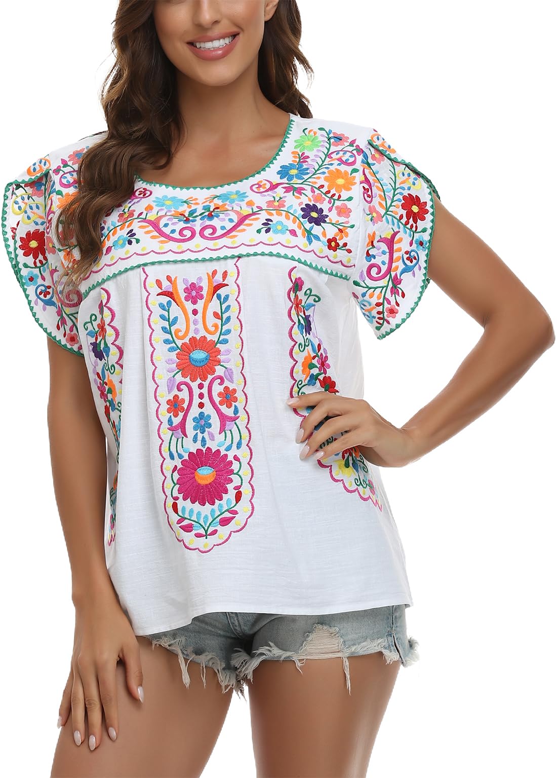 Mexican Shirts for Women Embroidered Tops Traditional Peasant Summer Tunic Blouse