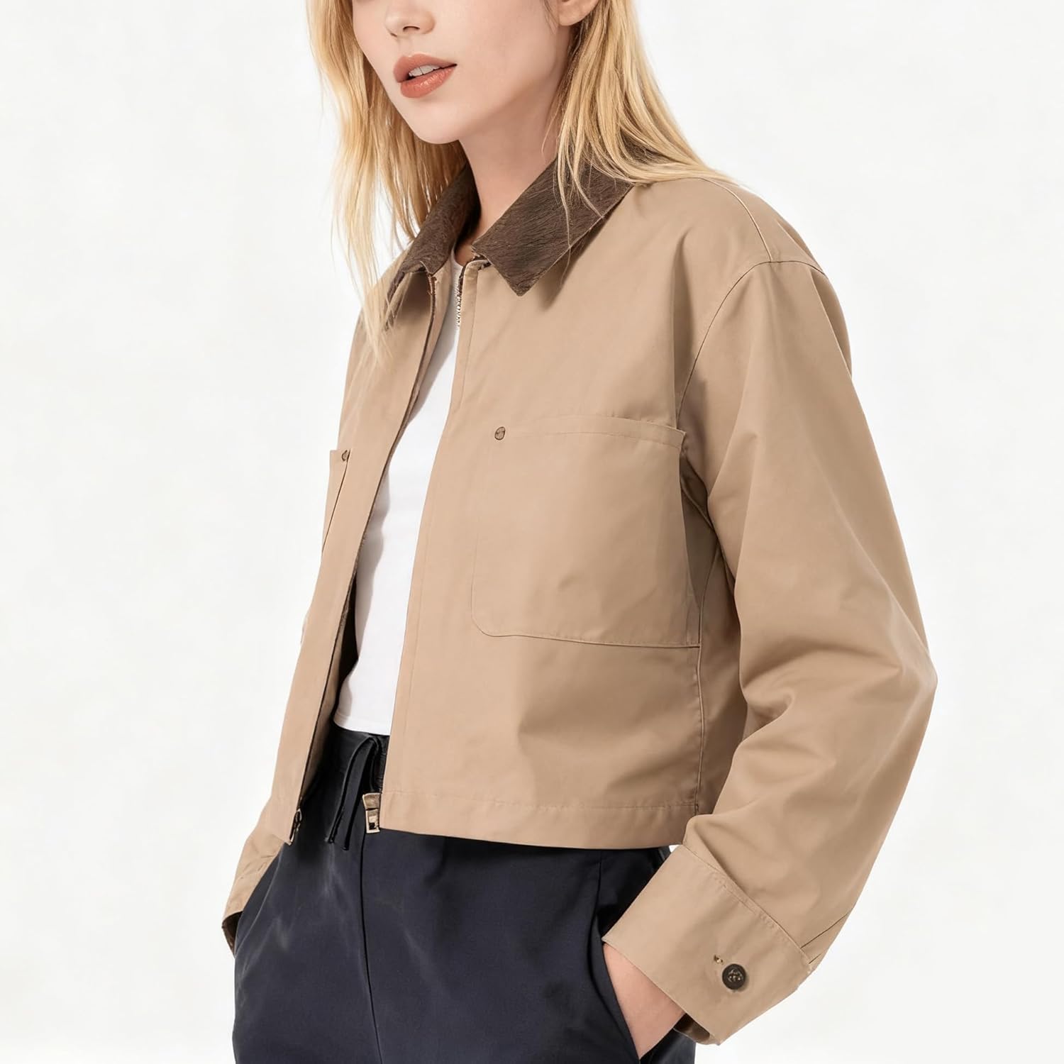 Womens Cropped Bomber Jacket Corduroy Collar Barn Coat Lightweight Utility Zip Up Cotton Canvas Workwear - Image 4
