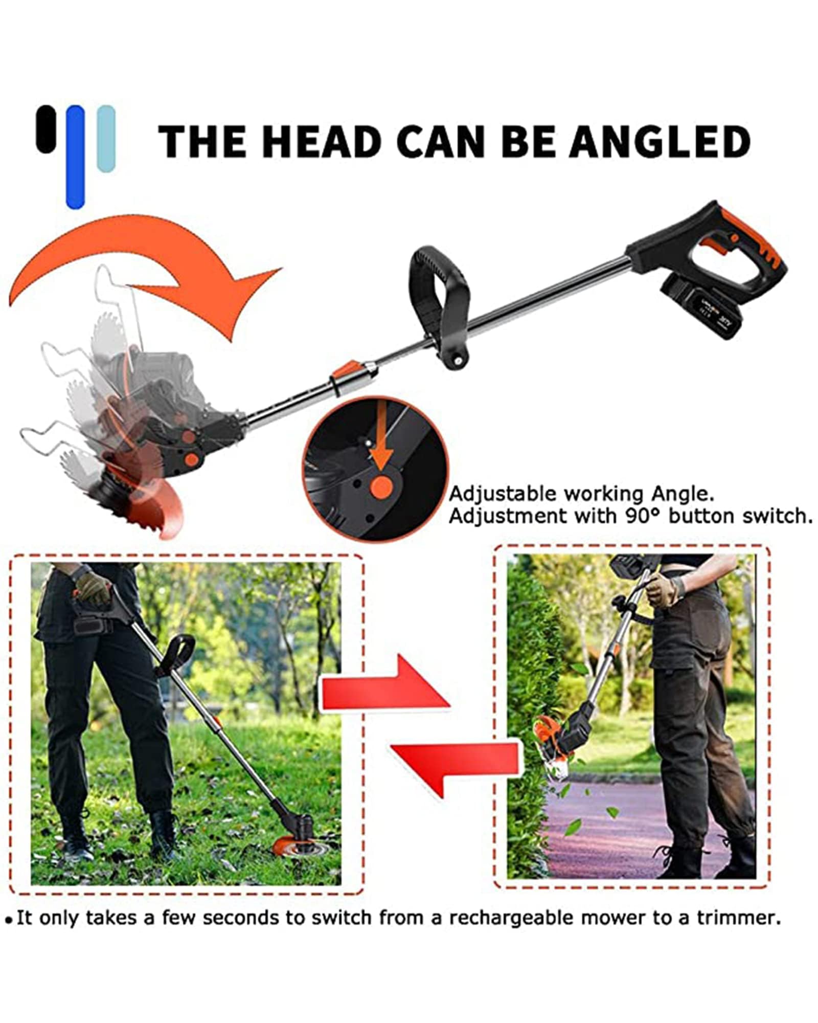 Corte de borde inalámbrico con batería, 21 V, corte de setos telescópicos, desbrozadoras, cabezal ajustable y asa telescópica para la limpieza de malezas, flores, árboles