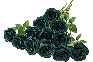12 Pcs Artificial Peacock Green Silk Roses