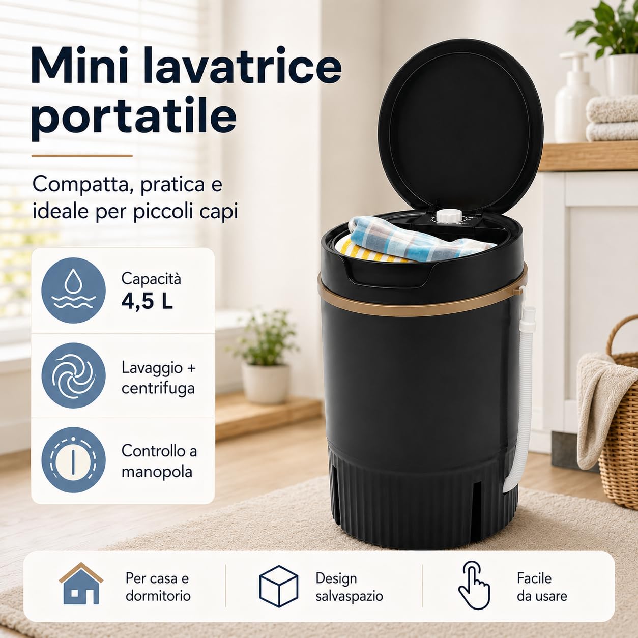 Mini Lavatrice Portatile, 4.5Kg Capacità Lavaggio con Cestello Centrifuga - Nero per Casa Viaggi Dormitorio Campeggio