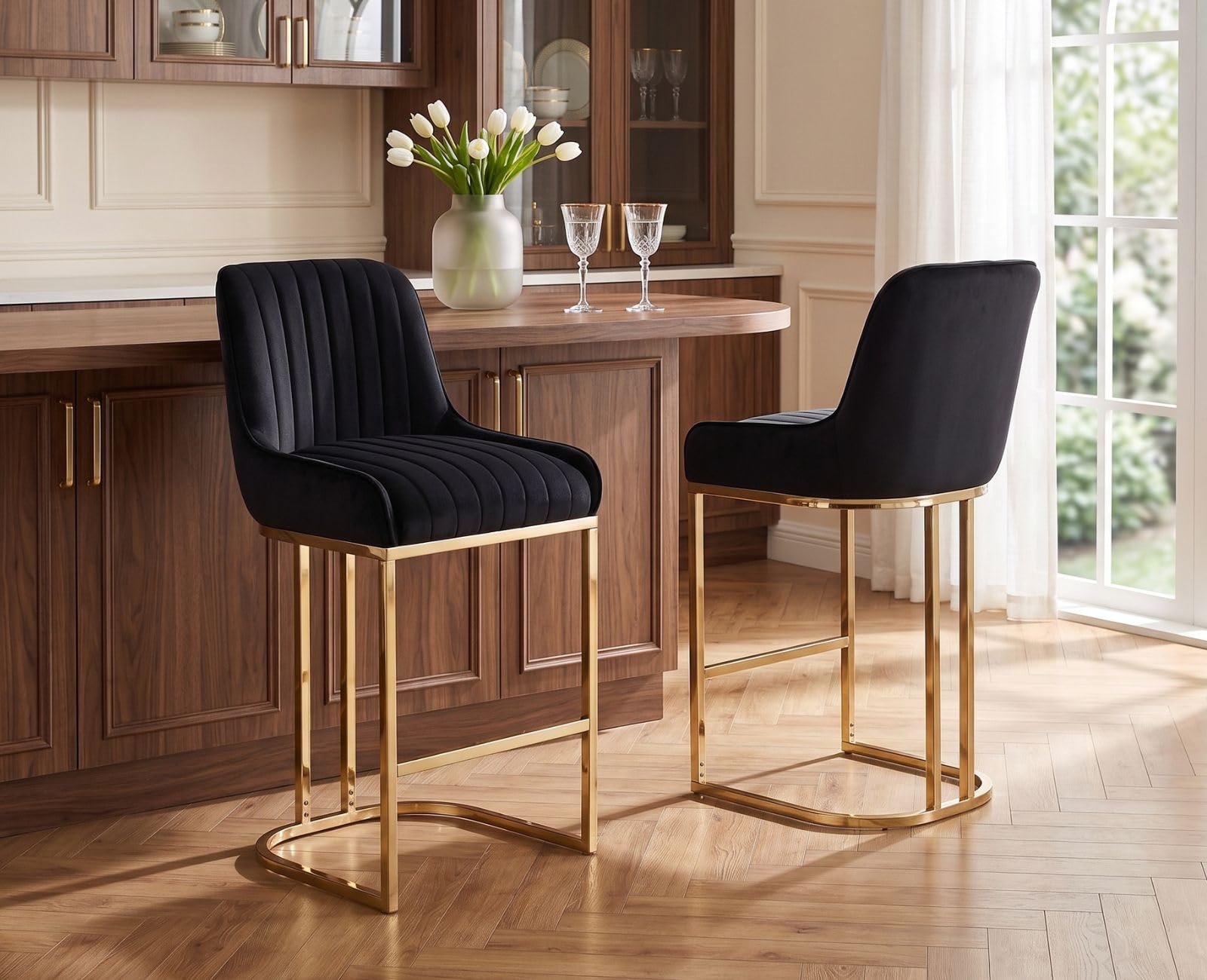chairus 2PCS Taburetes de Bar de Terciopelo con Patas Doradas, Negro | Sillas Altas de Isla de Cocina con Respaldo Alto, Estilo Elegante