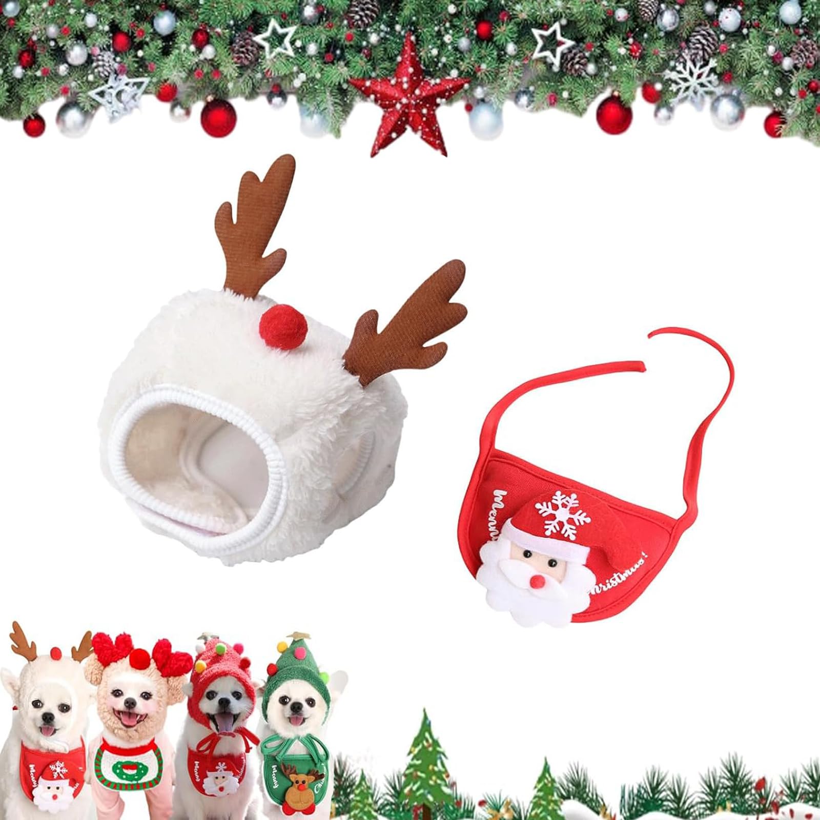 Adorable Christmas Tree Pom-Pom Hat, Dog Santa Hat, Christmas Tree Hats for Pets, Adjustable Cat Dog Santa Collar, Dogs and Cats Costumes (Style-C,Medium)
