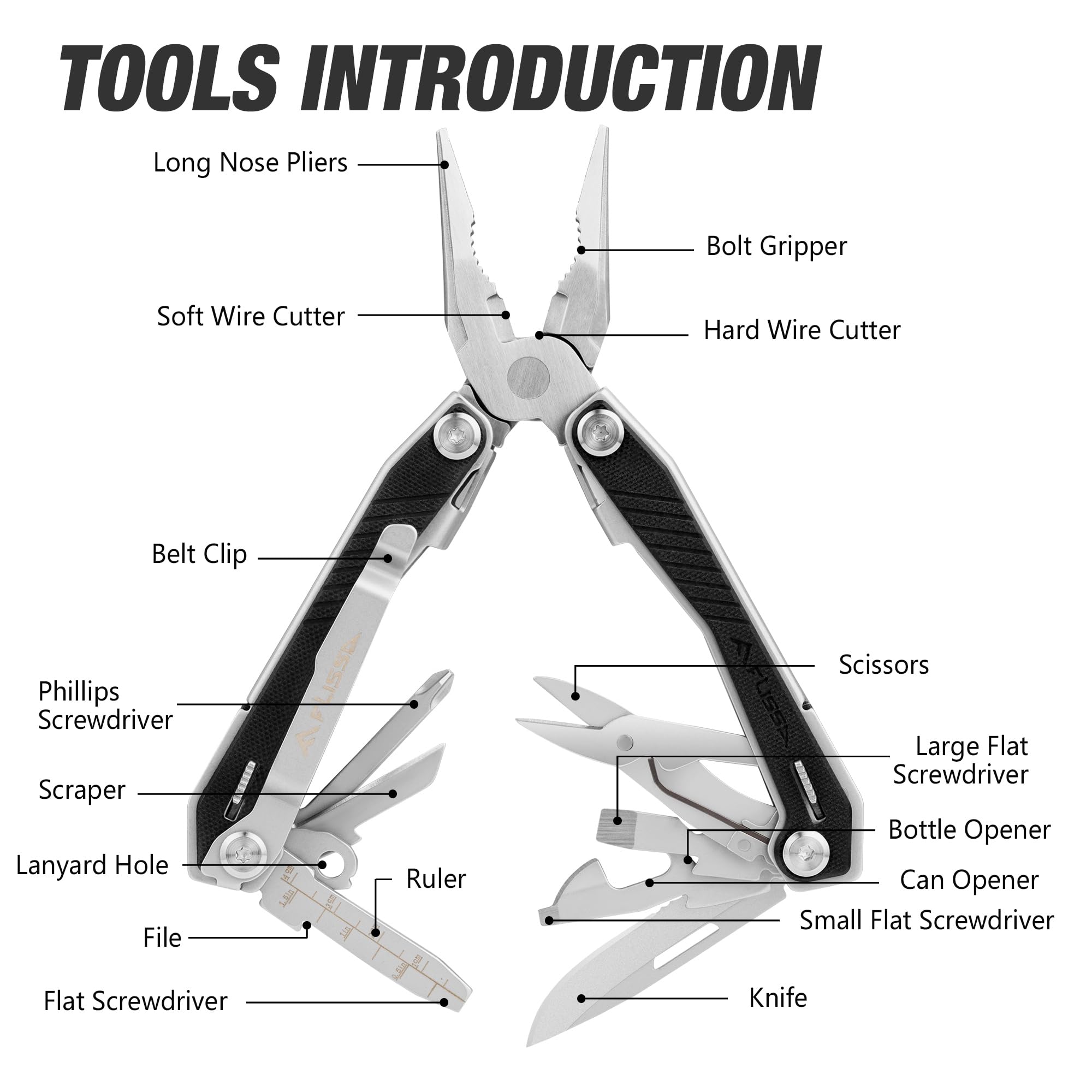 FLISSA 16-in-1 Multi Tool with G10 Handle, Gift for Dad, Stainless Steel EDC Multitool with Pocket Knife, Pliers, Belt Clip and Oxford Sheath, Self-locking Utility Multi-Tool for Camping Outdoor