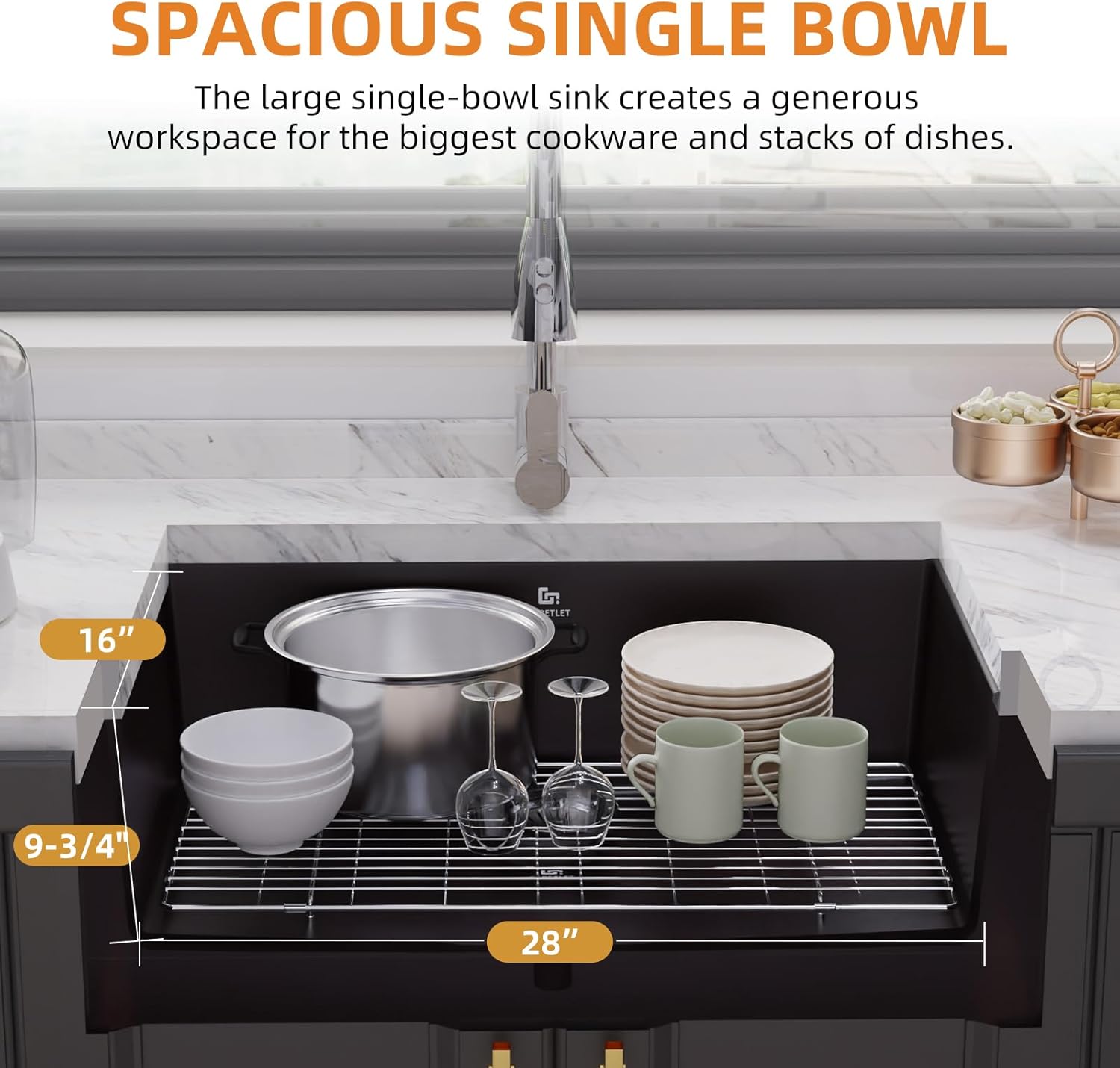 30-inch Granite Composite Kitchen Sink, GABETLET Undermount Quartz Kitchen Sinks with Spacious Workspace and Easy Cleaning, Black Single Bowl Deep Sink with Complete Accessories