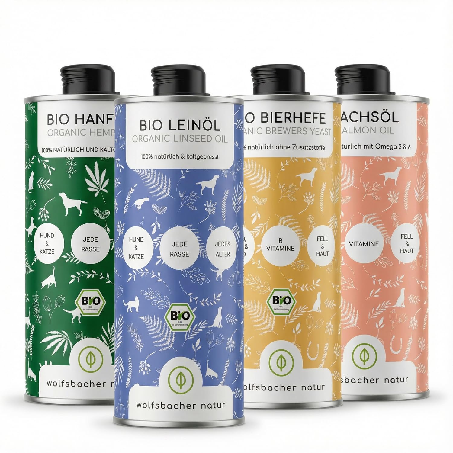 Futteröl Set für Hunde und Katzen | 4 x 1 Liter | Lachsöl, Bio Leinöl, Bio Hanfsamenöl, Bio Bierhefe