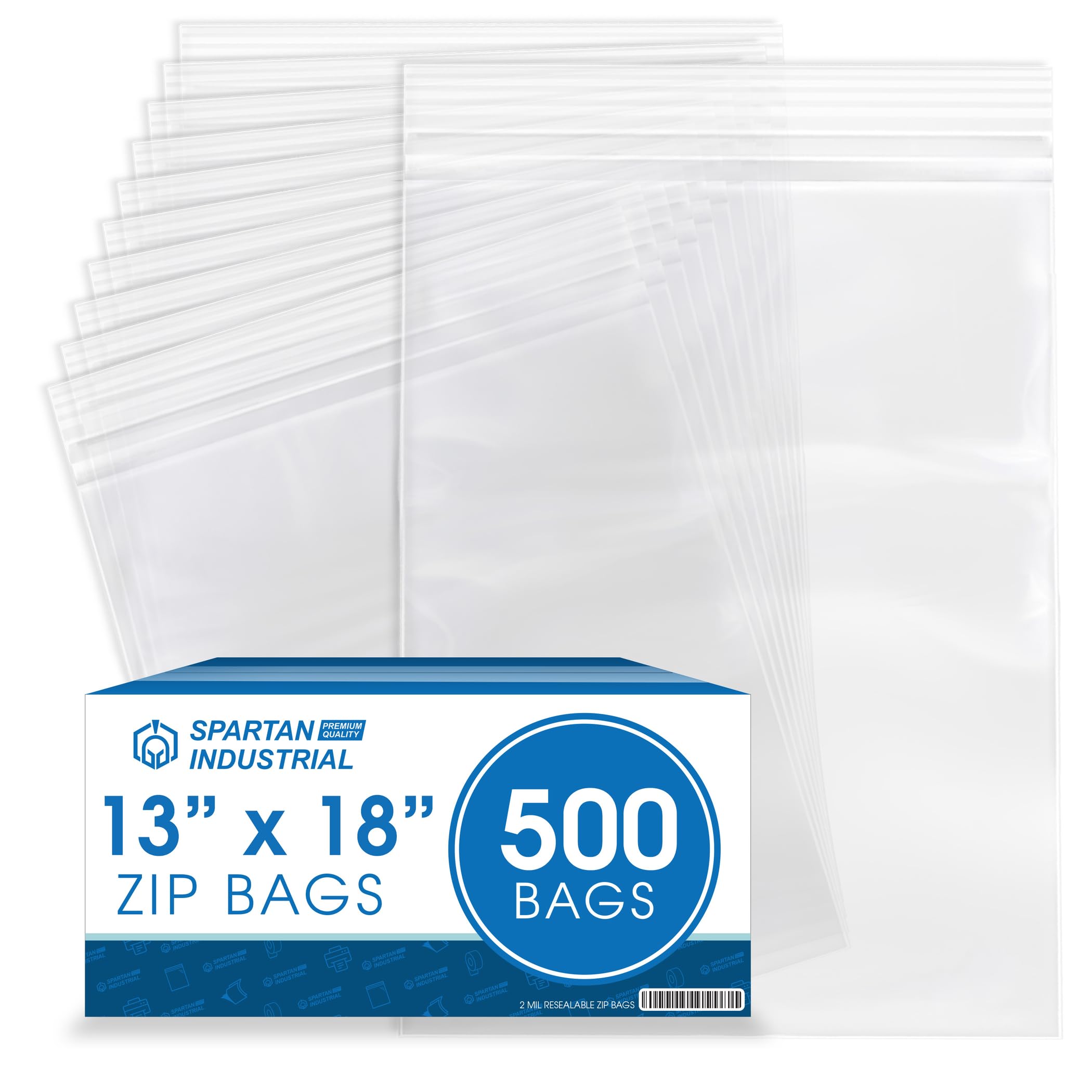 Spartan Industrial - 13” X 18” (500 Count) 2 Mil Clear Reclosable Zip Plastic Poly Bags with Resealable Lock Seal Zipper
