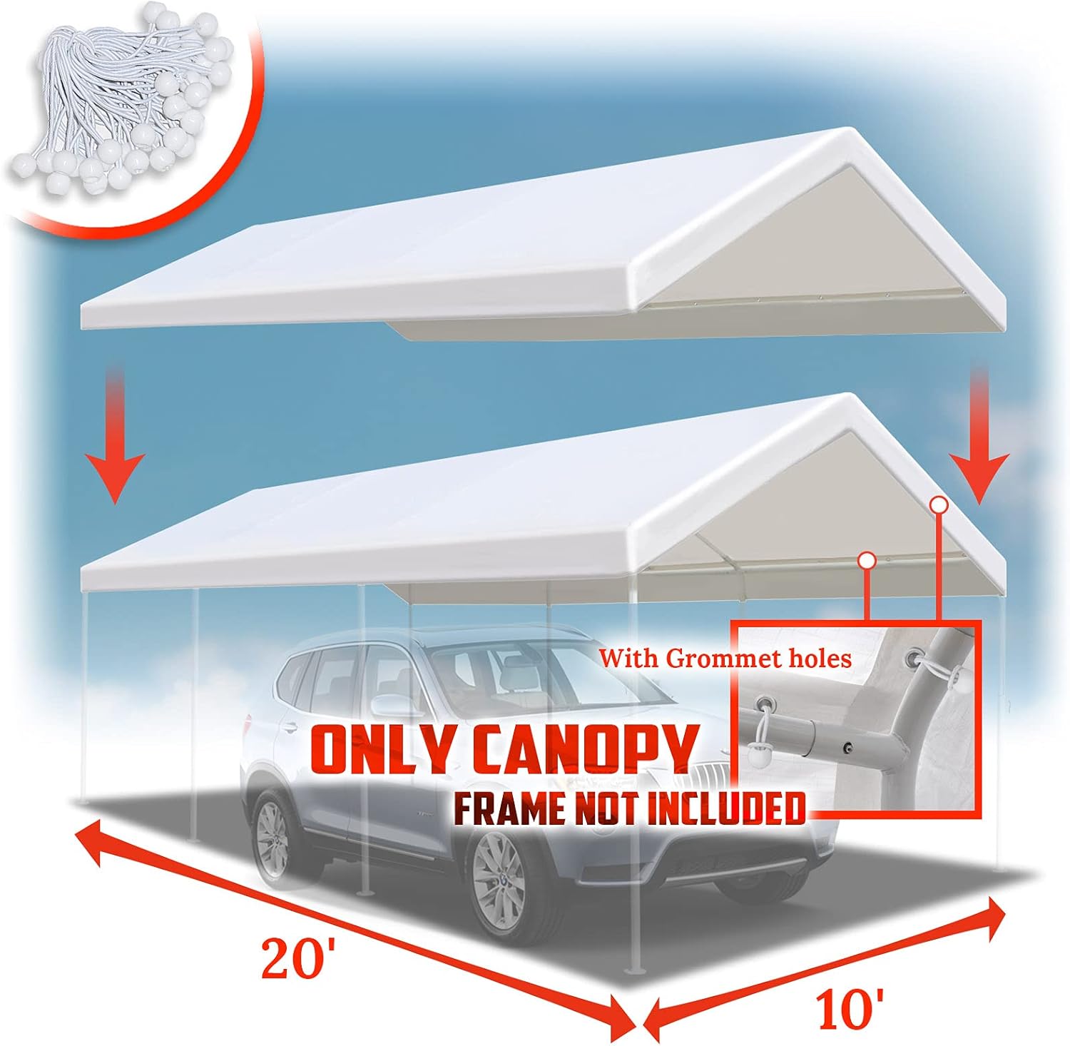 BenefitUSA 10x20' Waterproof Upgraded Carport Replacement Canopy Only Garage Top Cover Tent Shelter Tarp with Ball Bungee Cords,Frame is not Included White