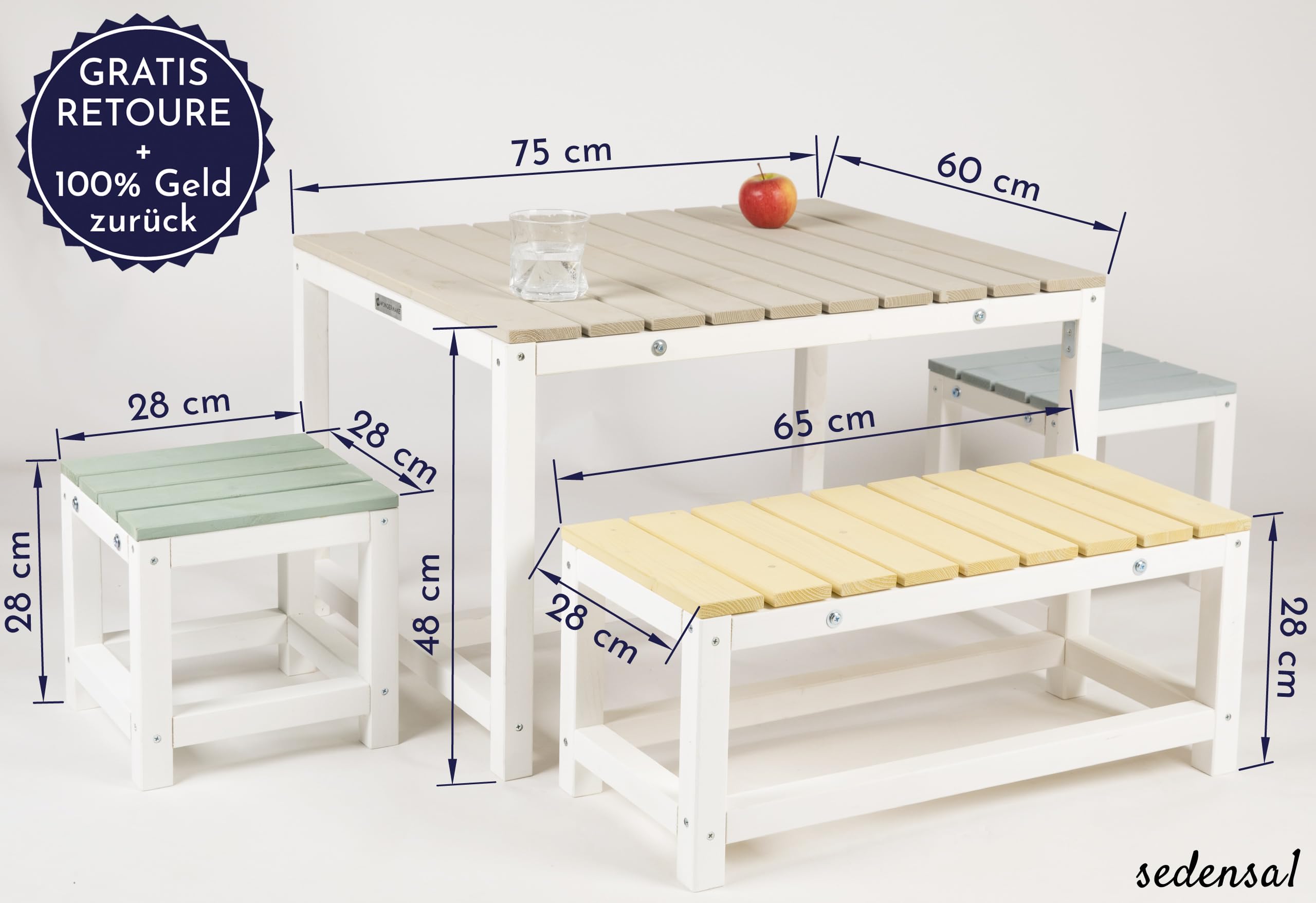 Design Kindersitzgruppe Outdoor Garten Holz mit Abdeckung, Kinder-Sitzgarnitur Indoor Picknick-Gruppe ab 3 Jahre, weiß bunt