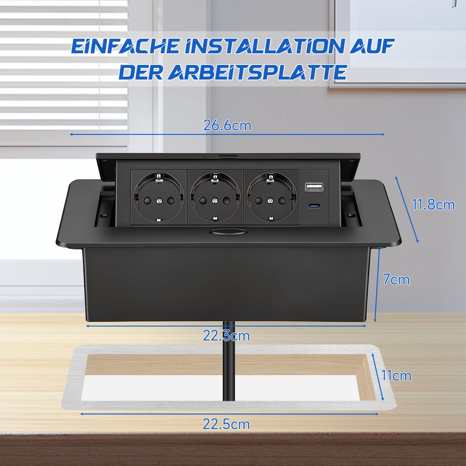 Versenkbare Steckdose, Steckdosenleiste Versenkbar mit 3 Steckplätzen, USB-C & USB-A Ports Aluminium Einbausteckdose Tischsteckdose Mehrfachsteckdose mit 1.8M Kabel für Küche Büro