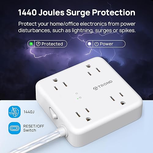 Miniatura 5 de TROND Regleta protectora de sobretensiones con puertos USB, cable de extensión de enchufe plano de 10 pies con múltiples tomas, 1440J, montaje en