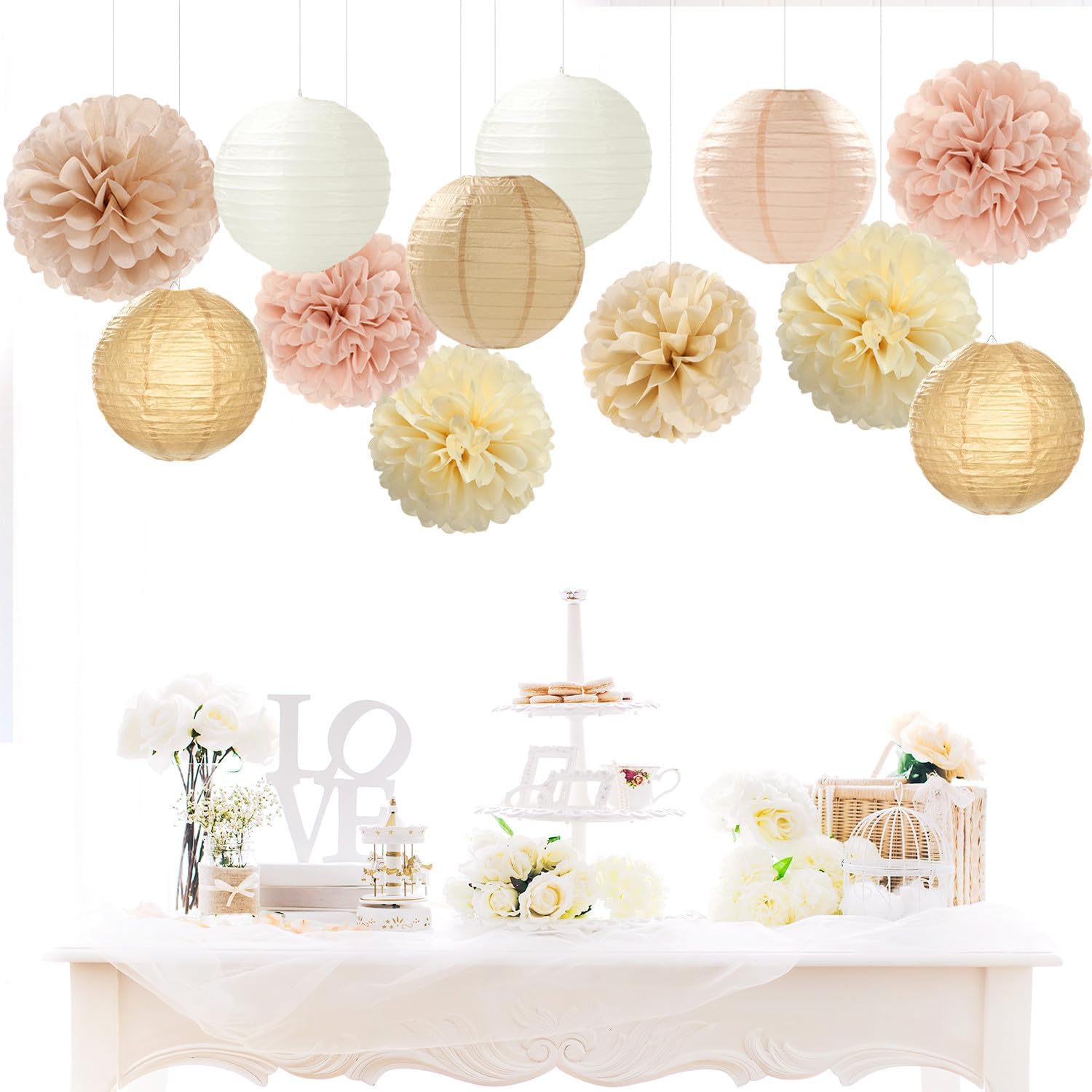 Champagne-Gold White Party-Decorations Paper-Flowers Lanterns - 15PCS Boho Fall Rustic Tissue Pom Poms Streamers,Wedding Baby Bridal Shower Neutral Autumn Birthday Hanging Supplies Decor Hugfond - Image 2