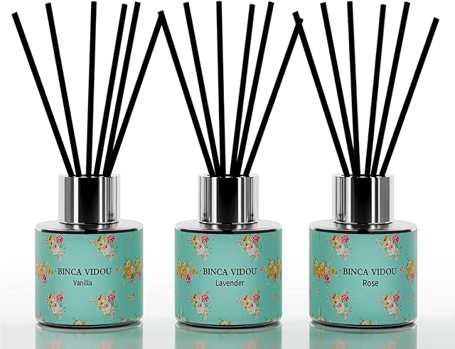 Reed Diffuser Set of 3, binca vidou Lavender, Rose, Vanilla Fragrance Reed Oil Diffuser Set with Rattan Reeds for Office Bathroom Living Room 50ml