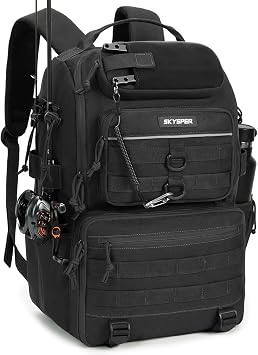 SKYSPER Tackle Backpack Fishing Bags with Rod Holder, 40L Water-Resistant Tackle Box Storage Bag for Fishing Gear LuresBlack