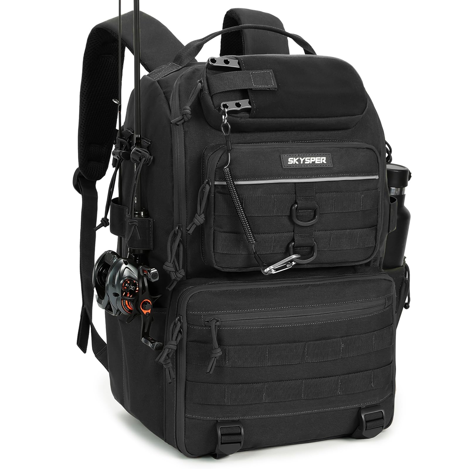 SKYSPER Angelrucksack mit Rutenhalter, 40-Liter Angeln Rucksack mit Verstellbarem Fach für Angeln