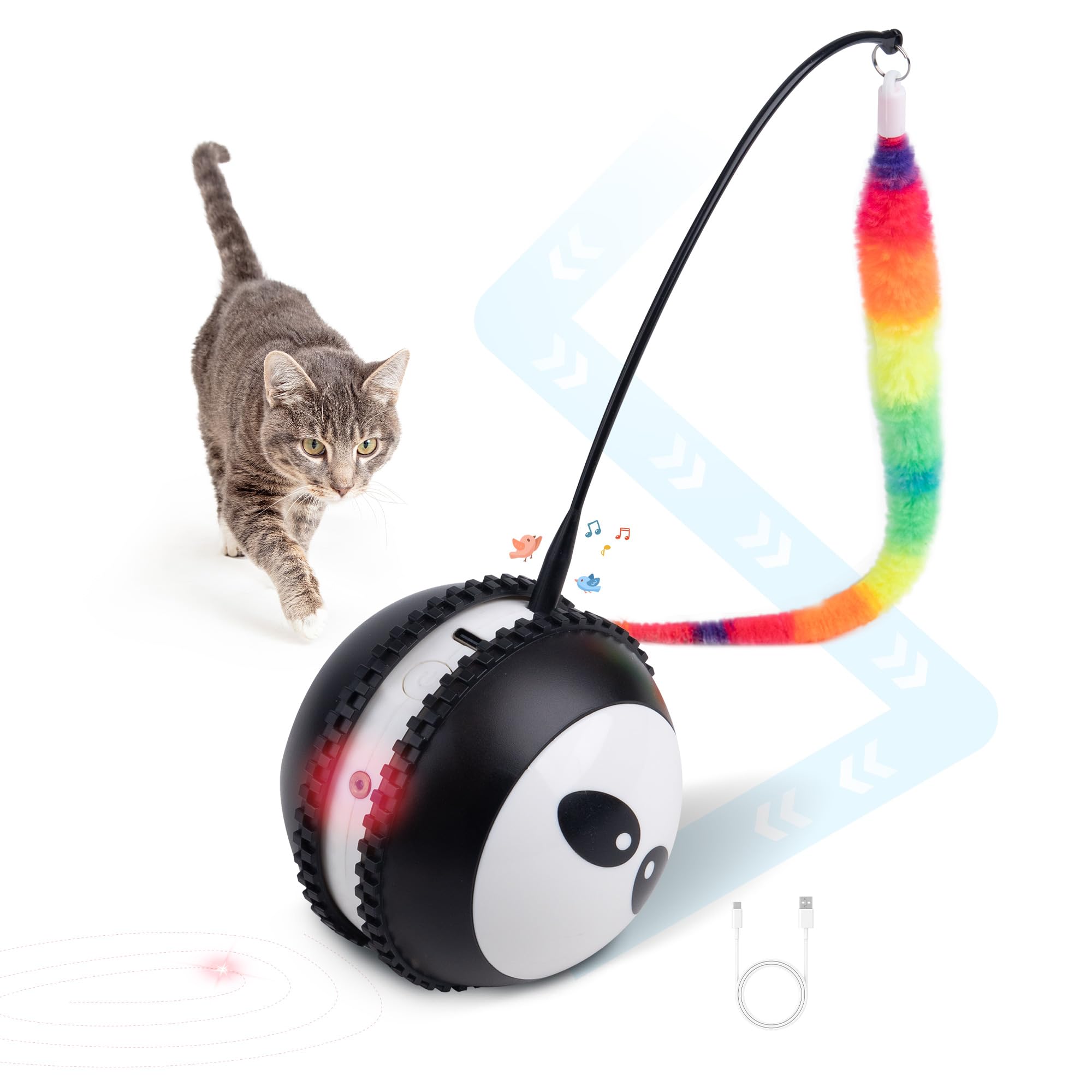 pet prime Electronic Interactive Cat Ball Toy with 2 Plush Teasers, Realistic Bird Sounds, Automatic Obstacle Avoidance, Smart Auto-Sleep & USB Rechargeable, 9x9cm
