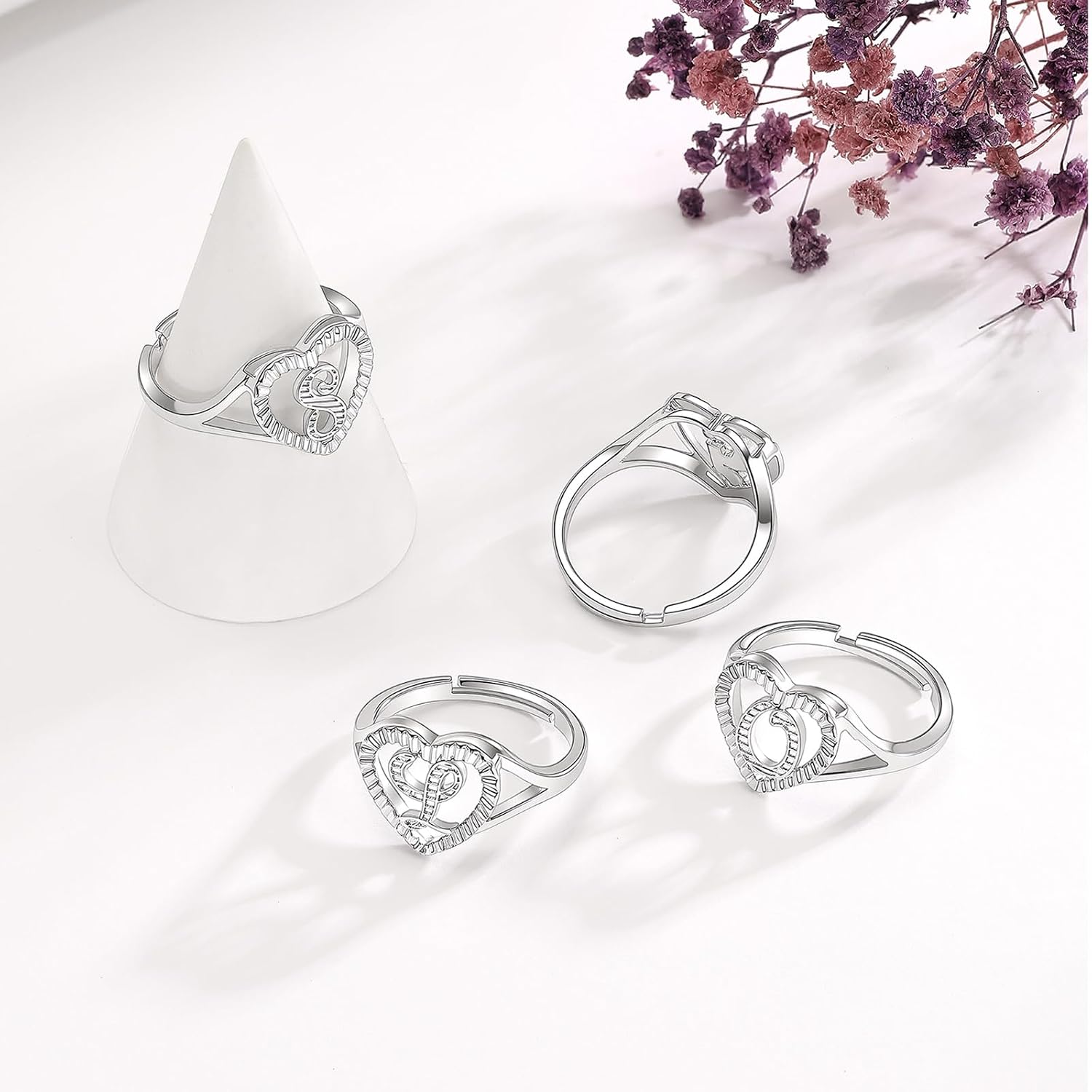 PDWZNBA Silver Initial Rings for Women Non Tarnish Sterling Silver Plated Open Back Adjustable Letter Rings Personalized Carved Alphabet Stackable Jewelry Gifts
