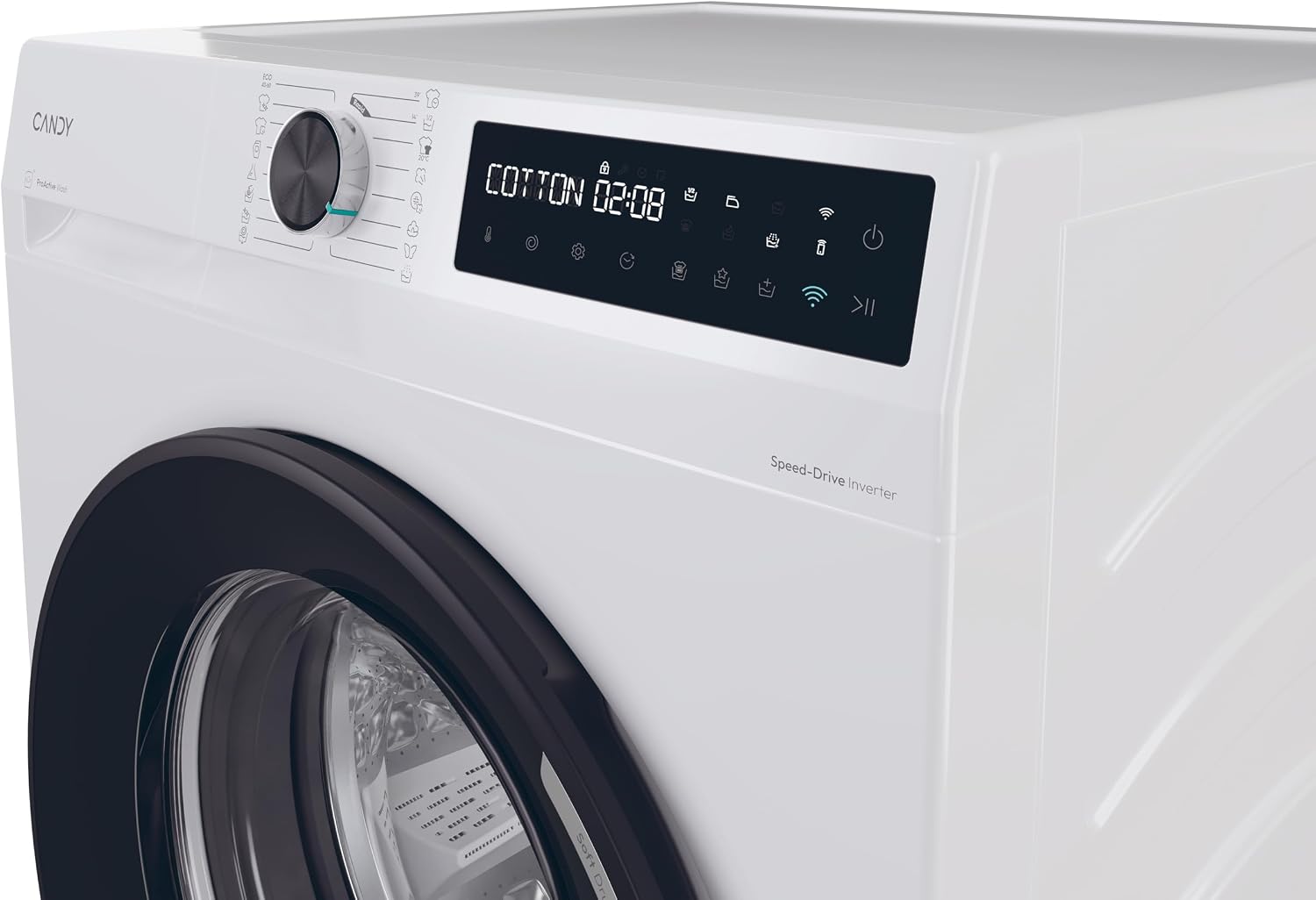 Close-up of the control panel of the Candy ProWash 500 washing machine, showing the program selector knob and digital display.