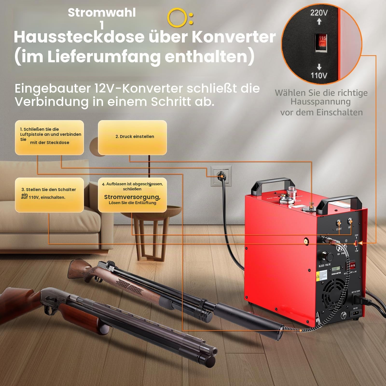 GX PUMP GX-E-CS4-I Tragbarer PCP kompressor, 350 W leistungsstarker Motor, max. 5800 Psi/400bar, eingebauter Heimkonverter, Wasser- und Lüfterkühlung, 5 Stunden kontinuierliche Arbeit, 12 V