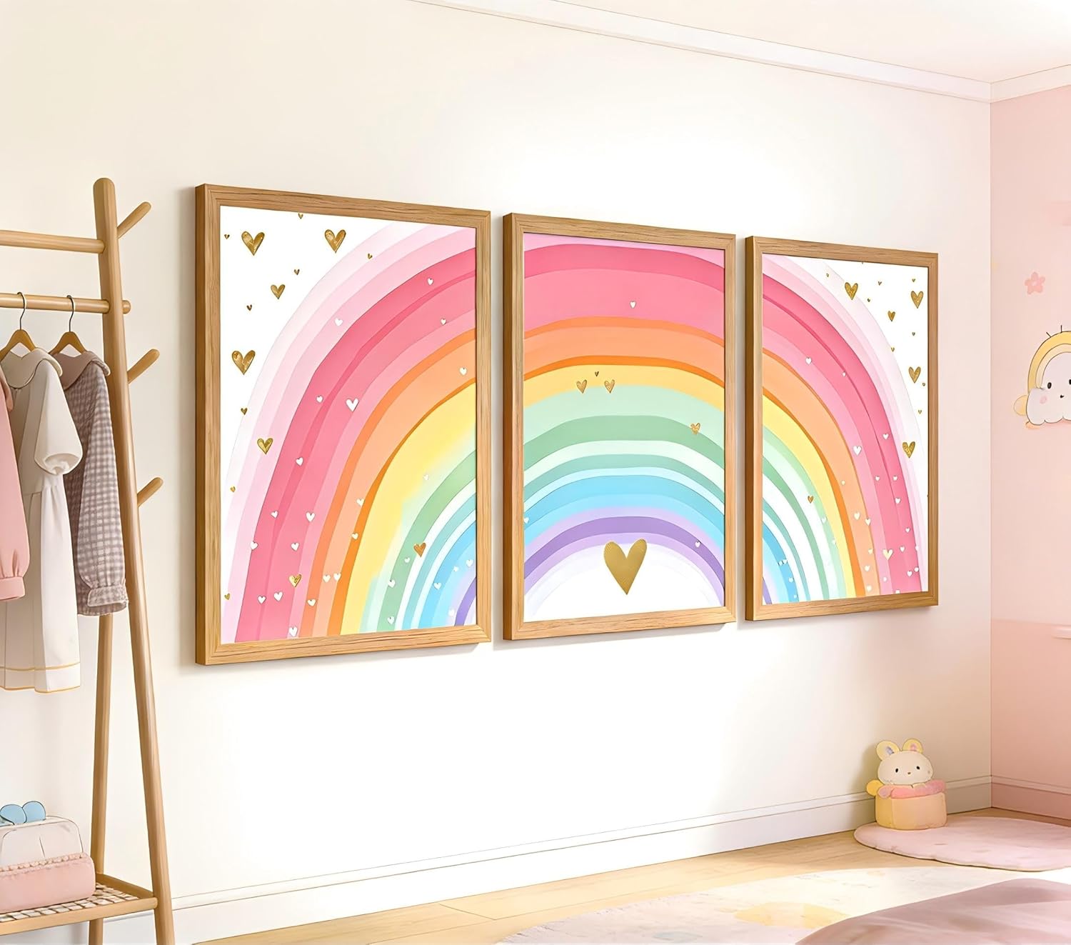 Girls Rainbow Wall Art Set of 3, Colorful Nursery Wall Decor Painting, Kids Heart Picture Poster Prints for Classroom Kids Room Baby Room Bedroom Dorm Home Decoration 16x24in Unframed