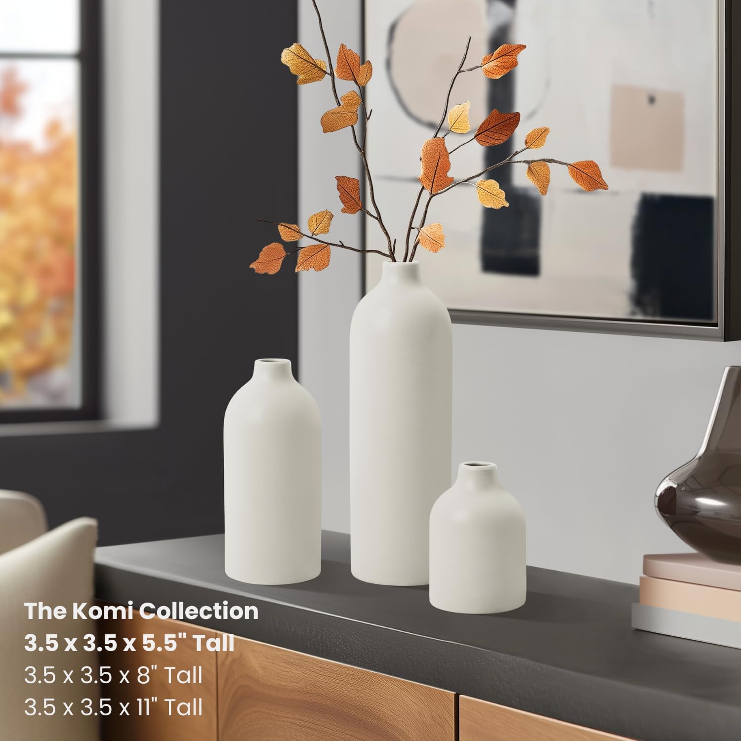 Torre & Tagus 5.5 Inch White Ceramic Vase for Flowers Home Decor - Matte Table Vase, Smooth Finish with Modern Decor Design, Sized for Mantels, Shelfs, Tables, Desk (Komi 3.5" x 5.5"H)