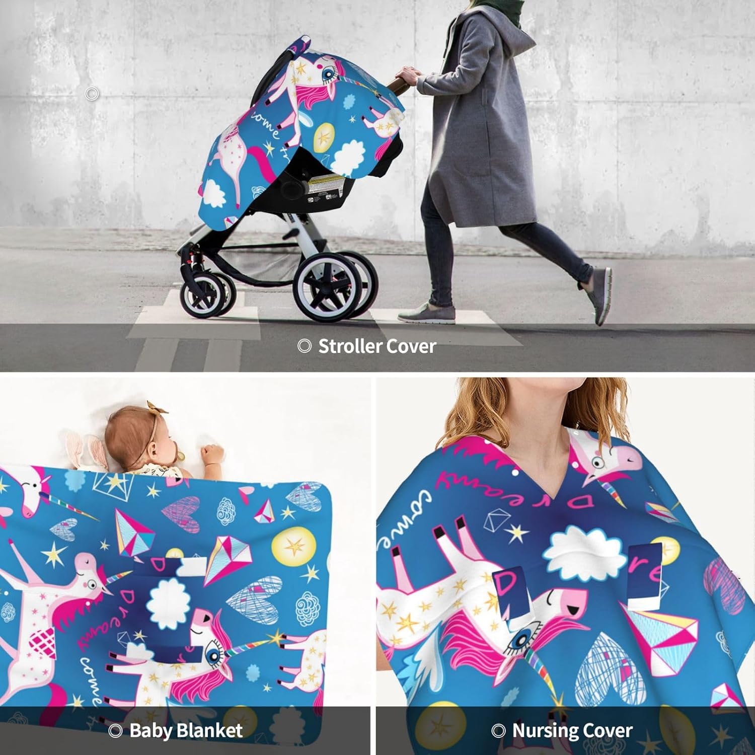 Funny Unicorns Baby Car Seat Cover & Breastfeeding Nursing Cover - Breathable Stretch Fabric Multi-Use Nursing Cover for Breastfeeding