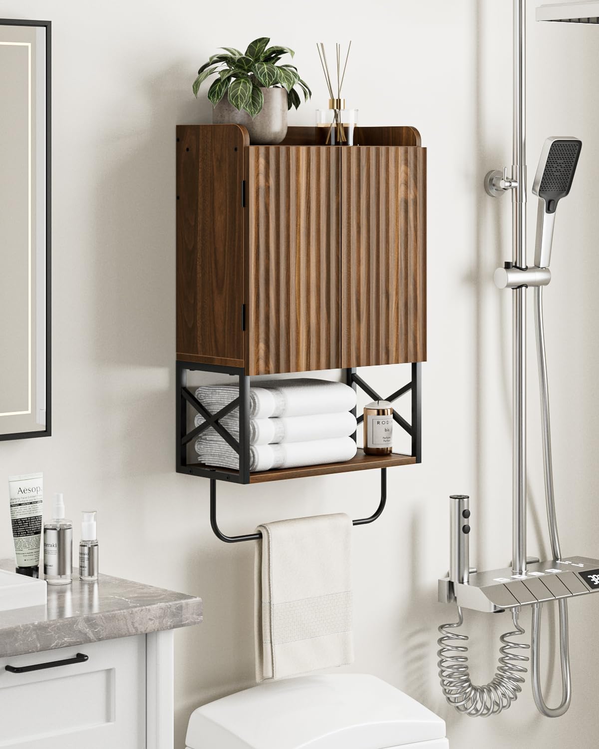 Masupu Bathroom Cabinet Wall Mounted, Wooden Medicine Cupboard with Adjustable Shelves, Space-Saving Wall Storage Unit for Bathroom, Kitchen and Living Room (9" D x 15.35" W x 27.16" H,Modern Walnut)