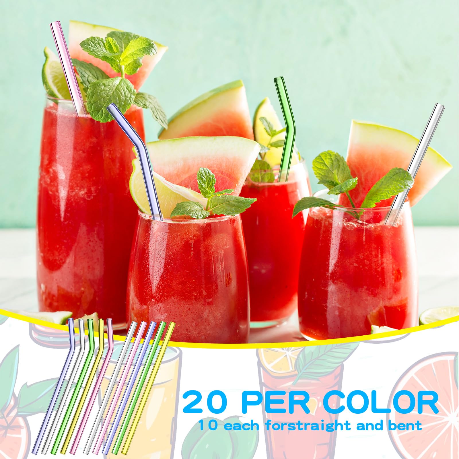 Weysat 100 Pcs Reusable Glass Straws Bulk Glass Drinking Straws Smoothie Straw for Glass Cup Beer Juice Cocktail Milkshakes Bar Cafes Party Supplies, Straight and Bent(Pastel Color, 8 mm x 7.9 Inch)