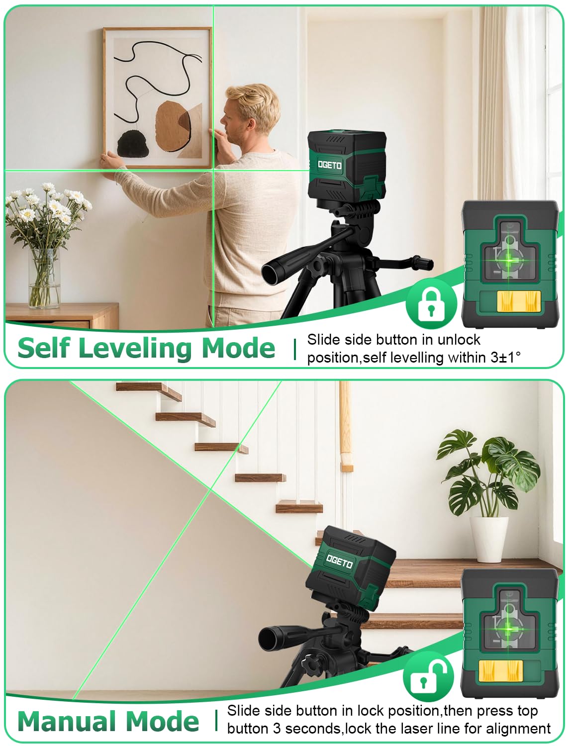 Livella Laser Verde con Treppiede da 102cm, Livello Laser Autolivellante a Linea Incrociata, Strumento per Appendere Quadri, Piastrelle e Progetti di Costruzione Indoor