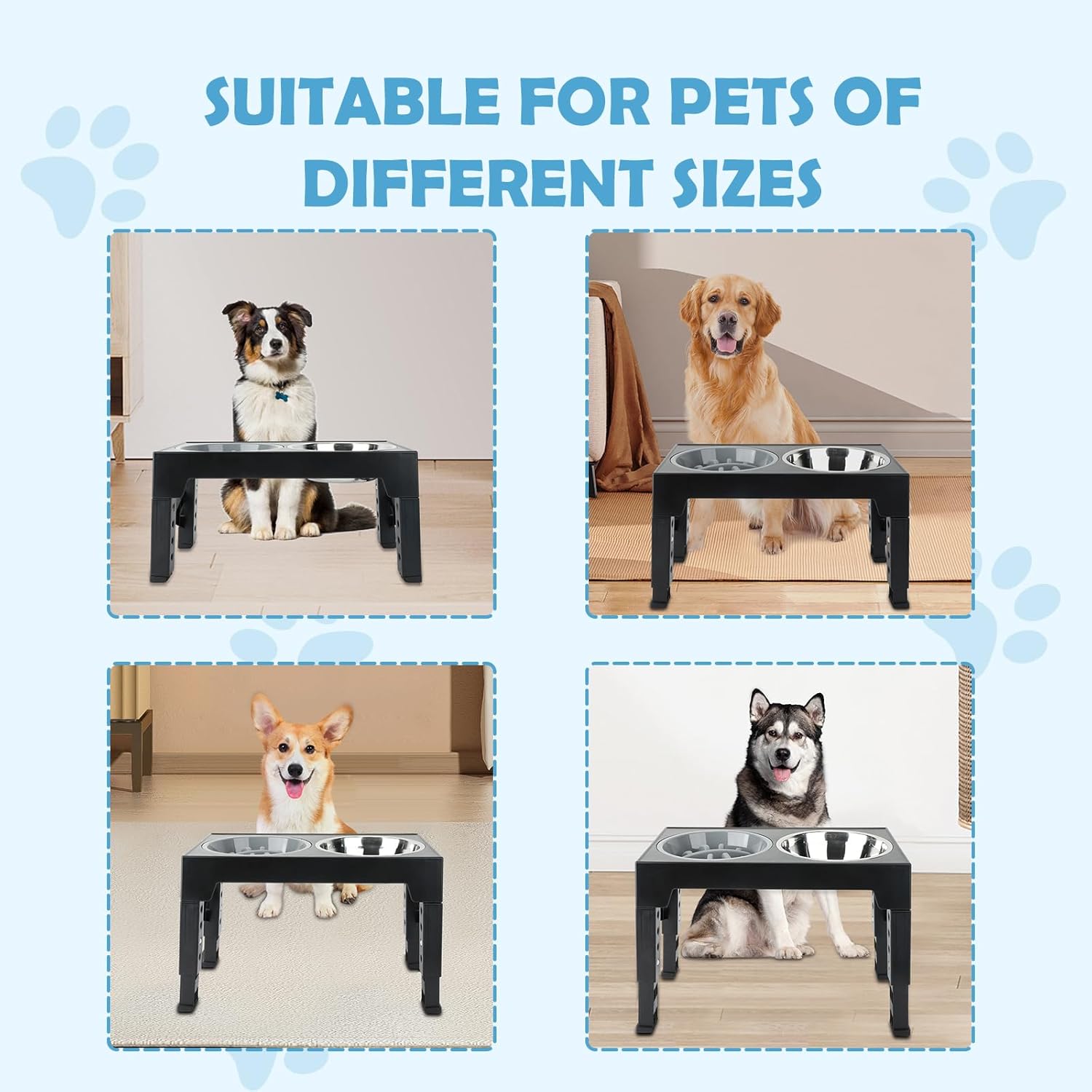 Elevated Dog Bowls, 2 Stainless Steel and 1 Slow Feeder Bowl, Adjustable Up-to 5-Heights 3.15", 8.66", 9.84",11.02", 12.2" Dog Feeding Station, for Small Medium and Large Dogs