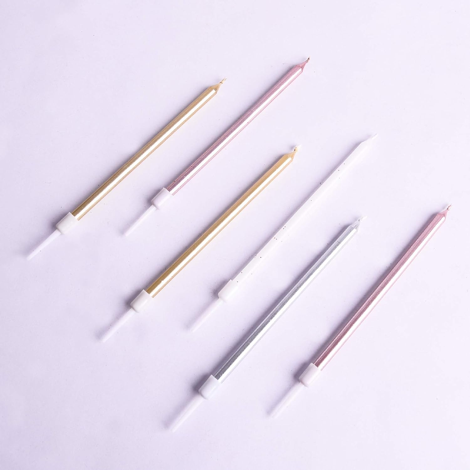 PHD CAKE 24-Count Long Birthday Candles in Holders in Gold Silver Rose Gold White : Home & Kitchen