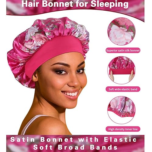 Miniatura 5 de Gorro para dormir de mujer de satén de banda ancha para la belleza y cuidado del cabello, cabello rizado ensortijado o gorro para quimioterapia,