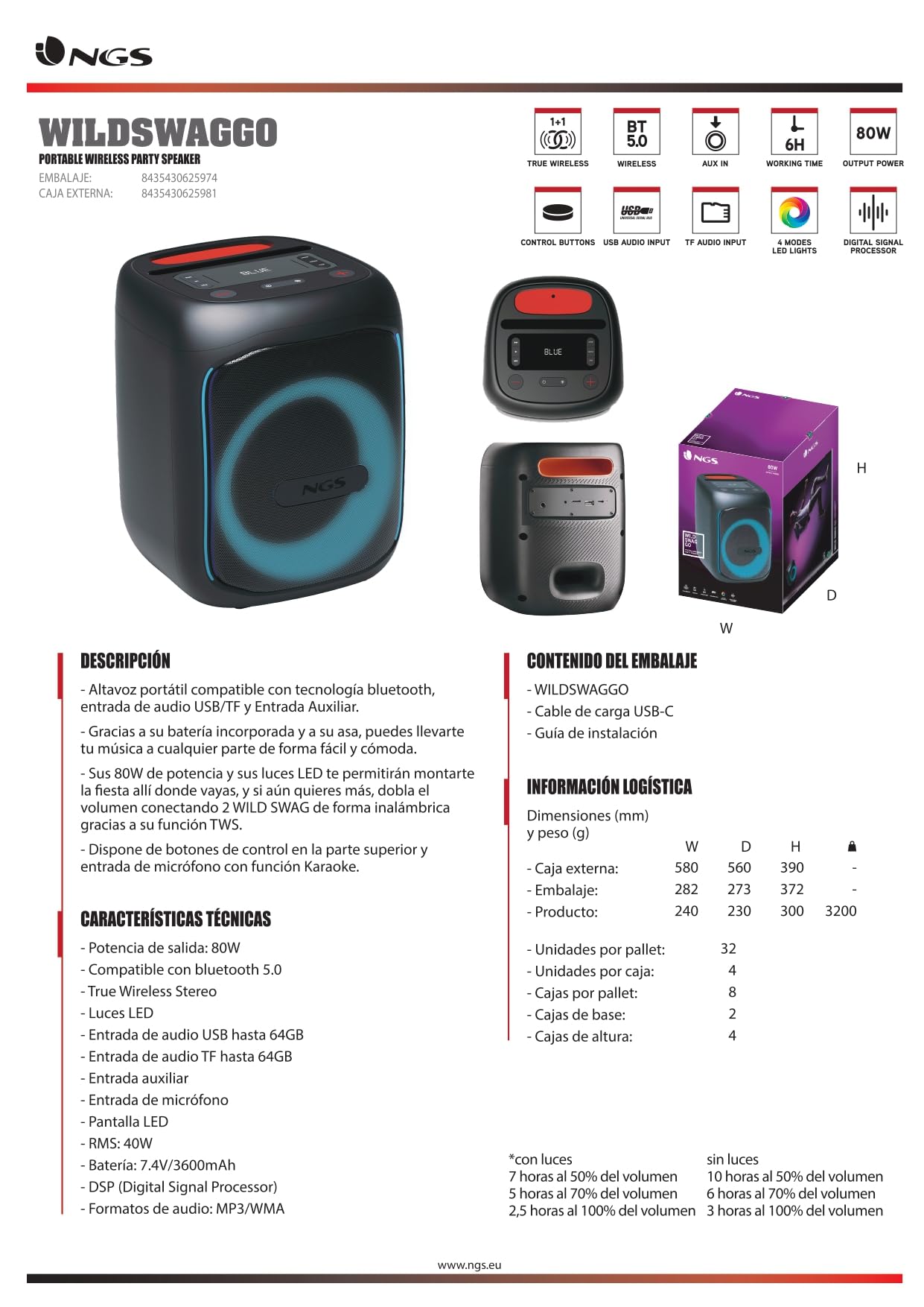 NGS Wild Swag Go-Altavoz portátil Compatible con tecnología Bluetooth 80W | Función TWS , entrada de micrófono y pantalla LED; batería de 10h. Entradas USB/TF/AUX IN y luces LED para fiestas.