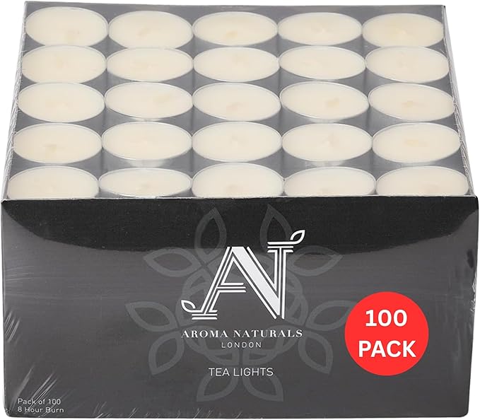 Aroma Naturals London Unscented Tealights 8 Hours Candles Pack of 100 | Long Burn Candlelight Everday Use | Size D3.72 x H2.5cm | White Wax & Aluminium Cups | Tea Lights Bag of (100) Christmas Candles