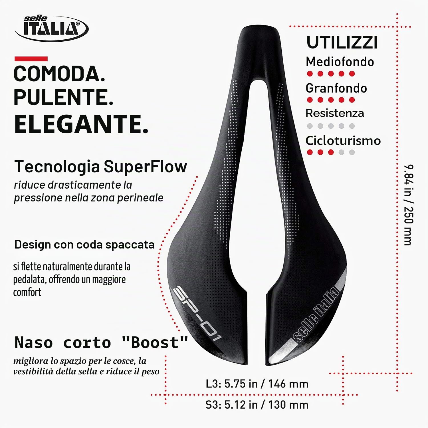 Selle Italia Sp-01 Boost Tm Superflow - Sella Bicicletta da Strada con Design Moderno, Comoda con Foro Superflow Unisex Adulto