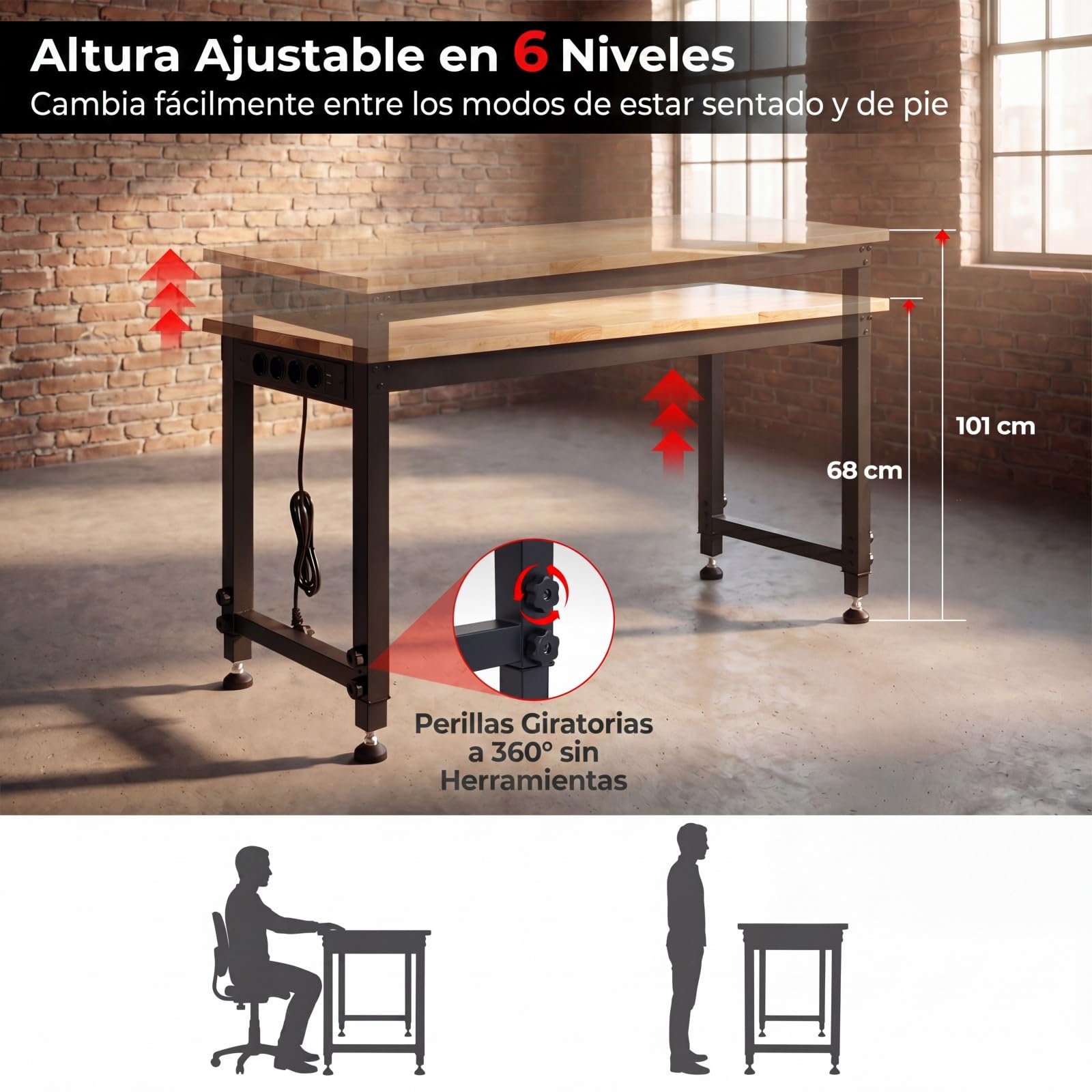 COSTWAY Banco de Trabajo con Estación de Carga, 122 x 51cm, Mesa Trabajo Taller con Altura Ajustable en 6 Niveles, Encimera de Madera Caucho, Marco Metálico, Estación Bricolaje, Carga 900 kg