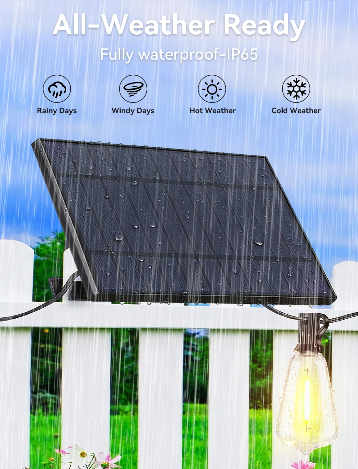 Brightever Solar-Lichterkette für den Außenbereich, wasserdicht, mit Fernbedienung, 55 + 2 bruchsichere ST38-LED-Leuchtmittel, dimmbar & 3 Beleuchtungsmodi, warmweiß, Solar-Terrassenleuchten für