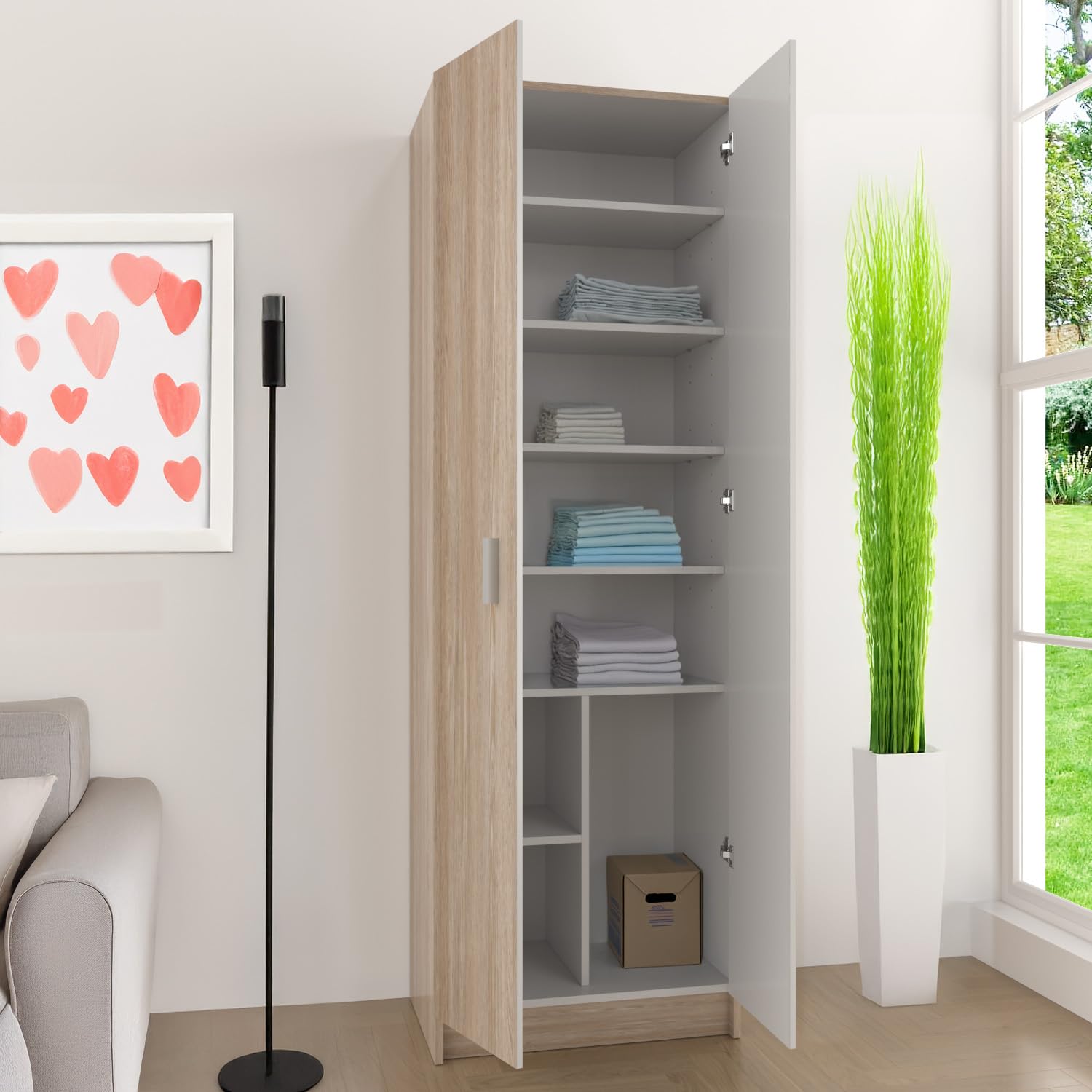 Bricozone Armadio Multiuso con 2 Ante e 8 Ripiani in Laminato Scarpiera Guardaroba Salvaspazio per Ingresso Camera e Ripostiglio Colore Rovere 180 x 37 x 59 cm