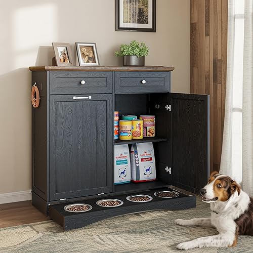 Double Door Tilt Out Trash Can Cabinet with Dog Bowl, 2 * 13 Gallons Dog Food Storage Cabinet, Hidden Trash Can Cabinet with Hideaway Drawer for Kitchen, Living Room (Black, Double Door)
