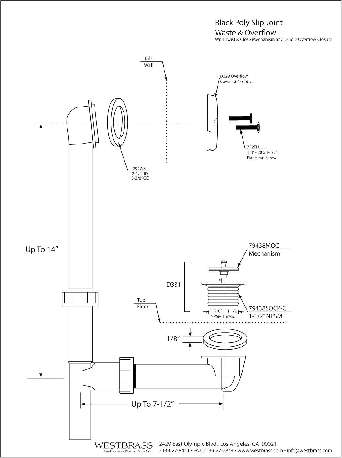Westbrass A594144-62 14" Black Tubular Bath Waste & Overflow Assembly with Twist & Close Drain Plug and Two-Hole Faceplate, Matte Black