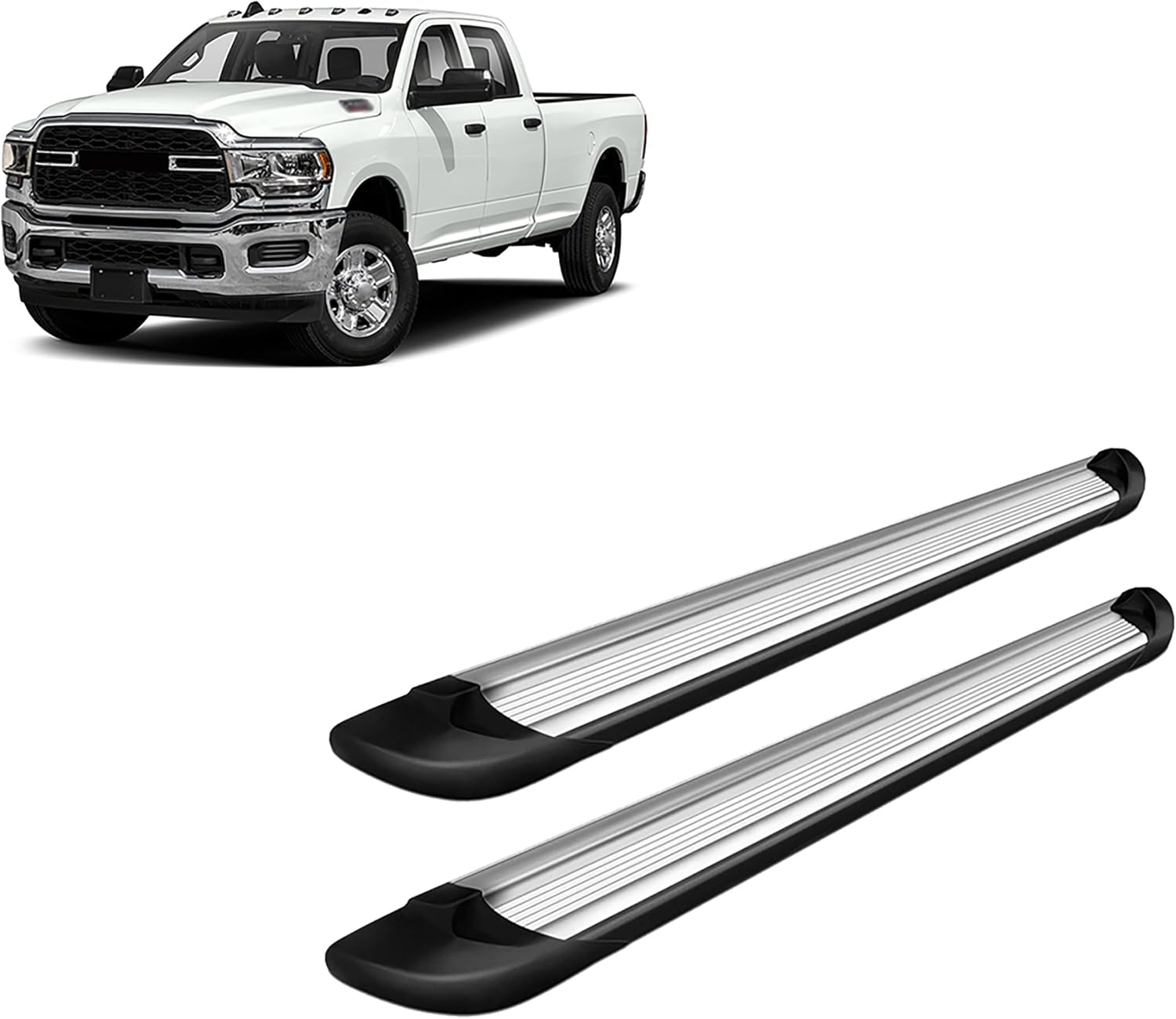Black Horse Transporter Running Boards Silver Compatible with 10 Dodge Ram 2500/3500|2011-2024 Ram 3500 Mega Cab(Excl. Chassis Cab Diesel Models)-TR-R191S