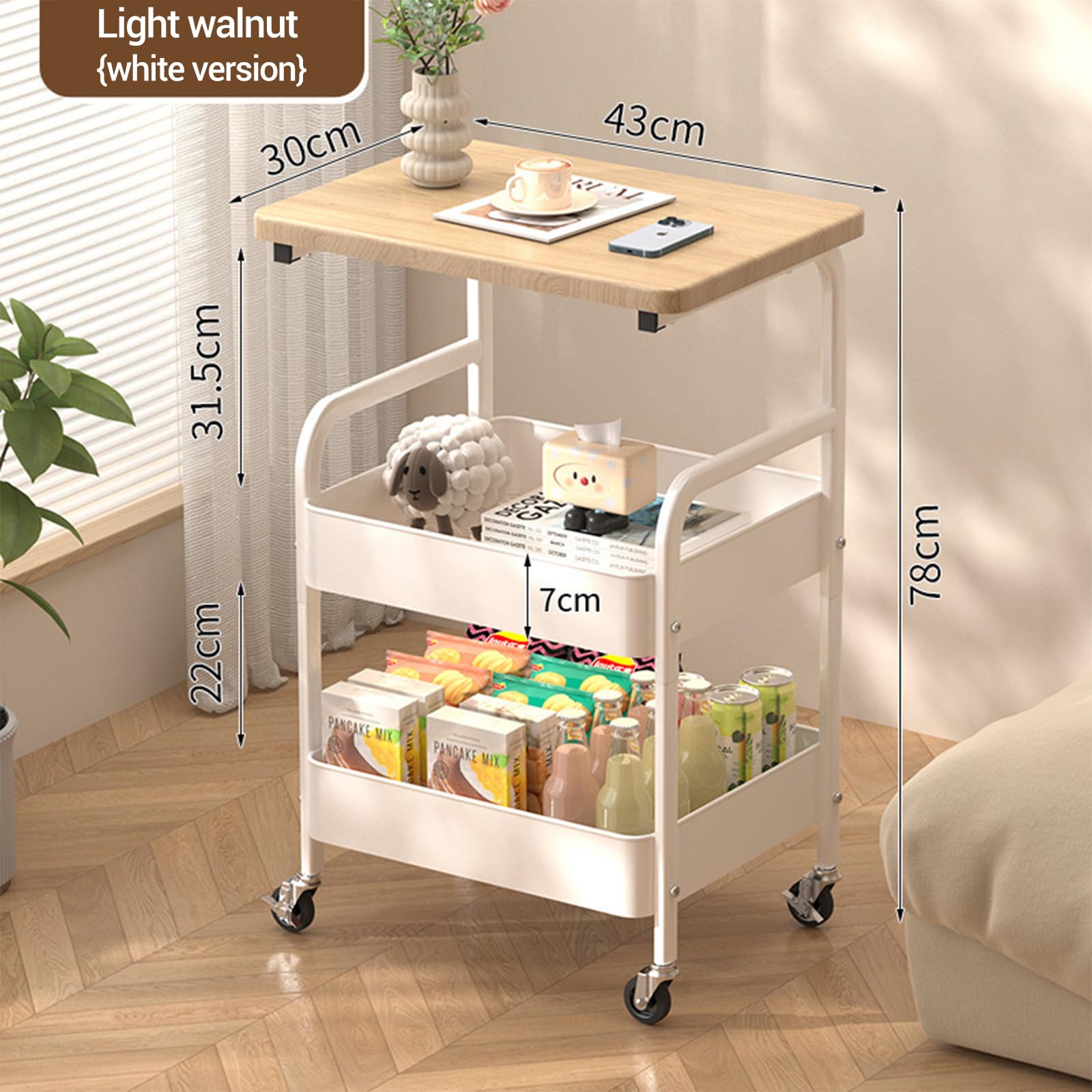 Garvee Carrito Multiusos Móvil De 3 Niveles con Tablero De Madera De Nogal, Estructura De Metal Resistente, 2 Ruedas Bloqueables, Organizador De Almacenamiento Multiusos
