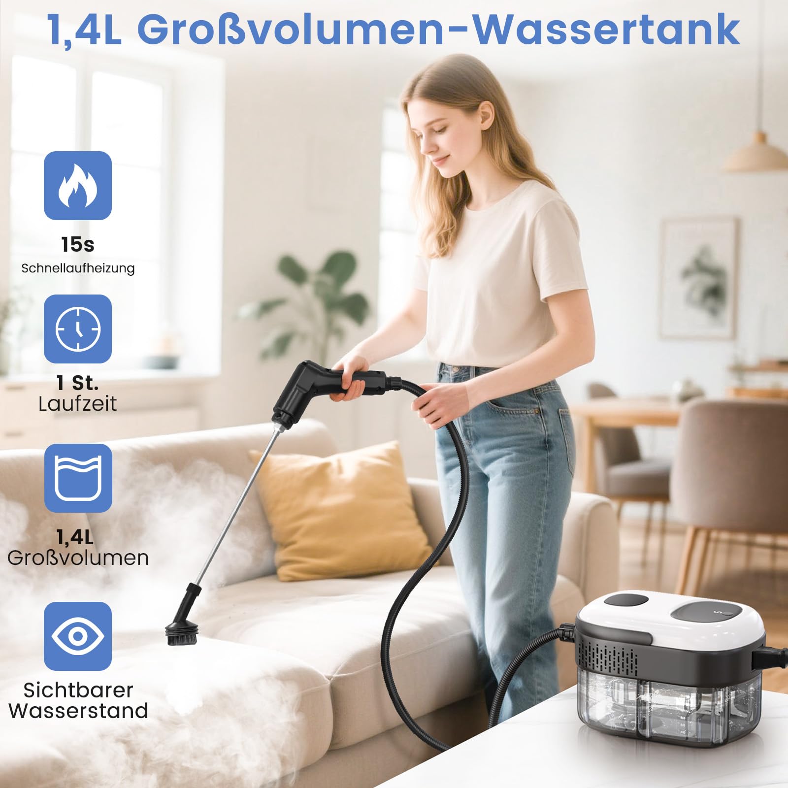Granarbol 2500W Profi Hochdruck Dampfreiniger Handgerät für alles,15s Heizung 1.4L Handdampfreiniger,mit 18 PCS Reinigungsset und Verlängerungsstange,für Boden Polstermöbel Auto Bad Fenster,Entfetten