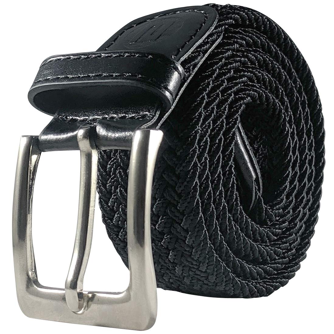 BESTA Men's Stretch Belt, Braided Elastic Strap, PU Leather Accents, 35mm (1 3/8 Inches) Wide (Raven, Large)