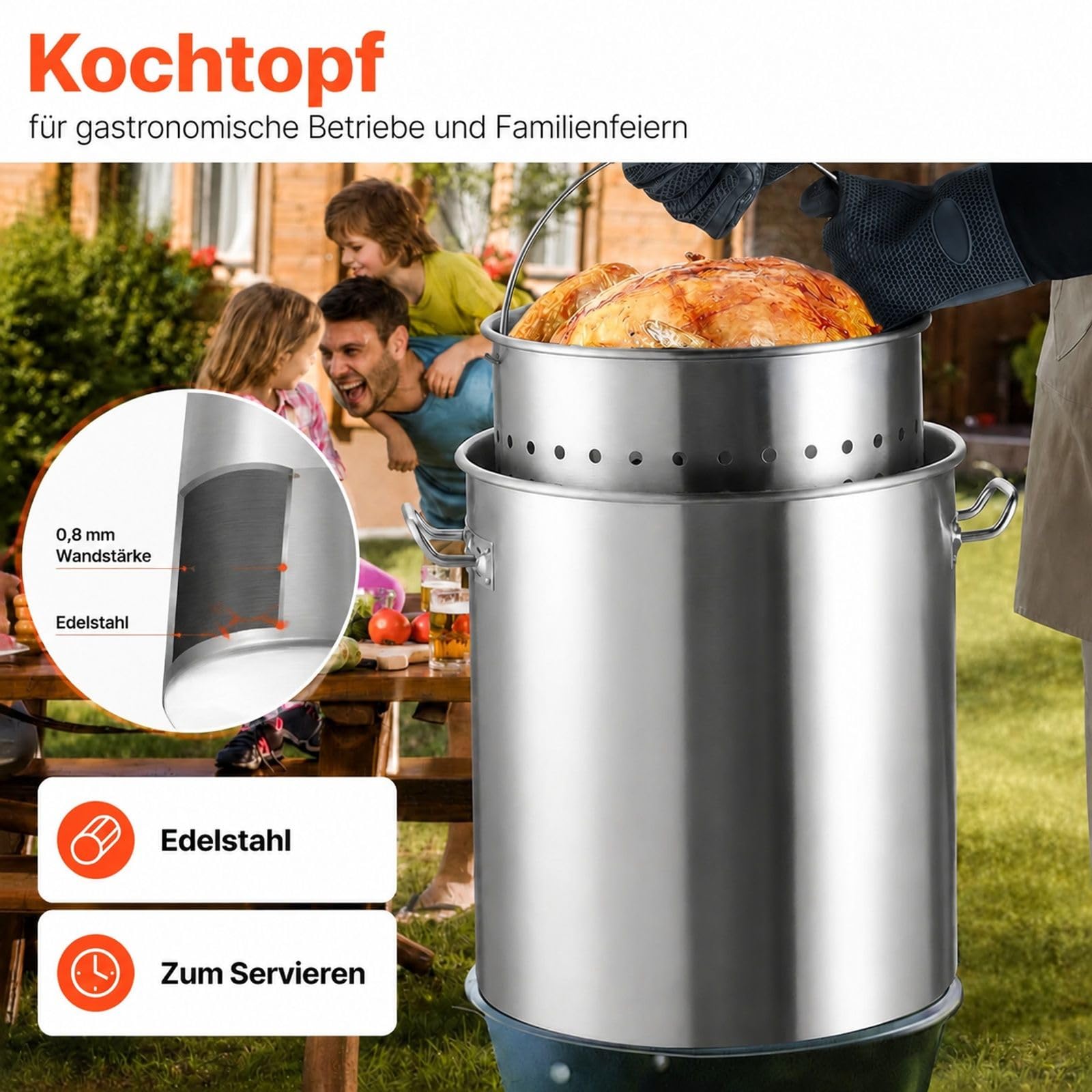 Edelstahl Suppentopf 60,5 L Silber mit Korb, Deckel und Griffen für Küche und große Veranstaltungen