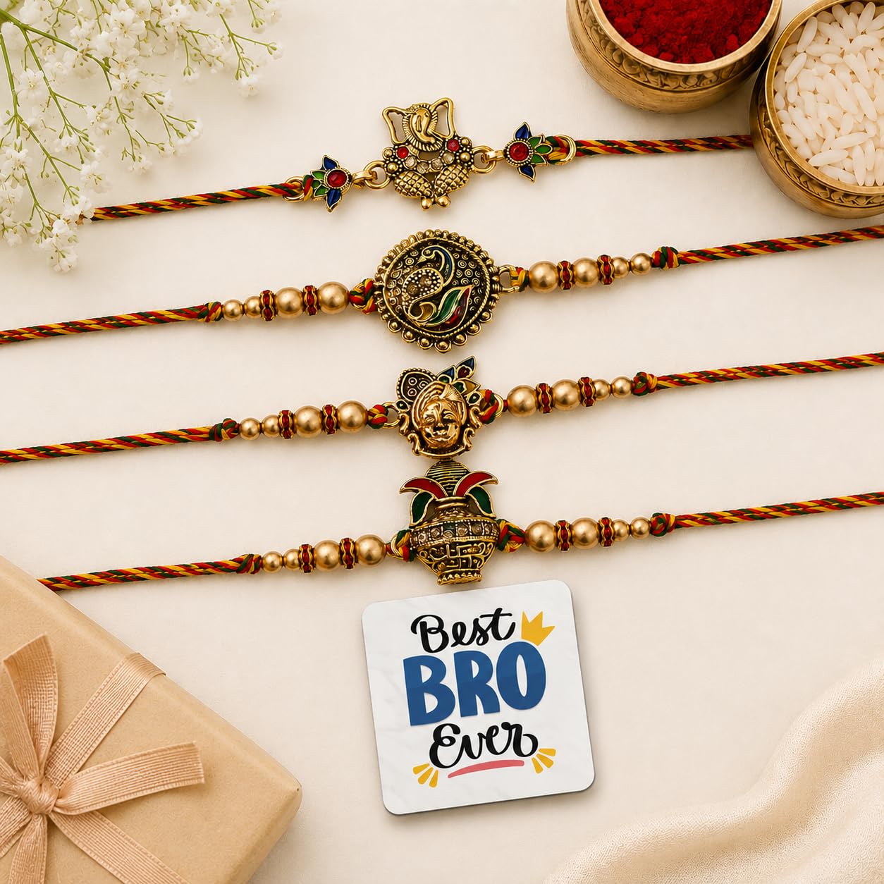 eCraftIndia Set of 4 Lord Ganesha, Peacock, Krishna & Kalash Designer Rakhis with Roli Chawal Pack and Happy Rakhi Wooden Cutout - Rakhi for Brother-image-3