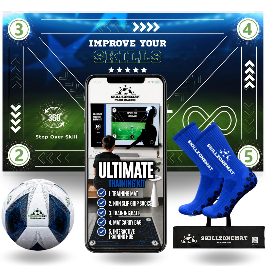 SkillZone Soccer Training Mat - Complete Set with Video Hub | Includes Grip Socks & Carry Bag | Non-Slip, Ultra-Thick & Wide for Agility, Ball Control & Mastery | Indoor & Outdoor Soccer Trainer for